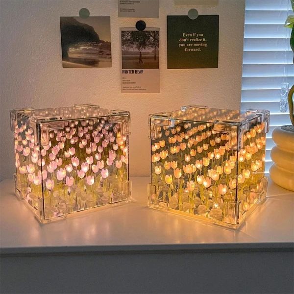 Handmade DIY Magic Cube Tulips Flower Table Lamp and Mirror 2 in 1