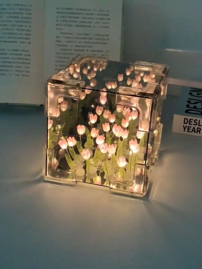 Handmade DIY Magic Cube Tulips Flower Table Lamp and Mirror 2 in 1